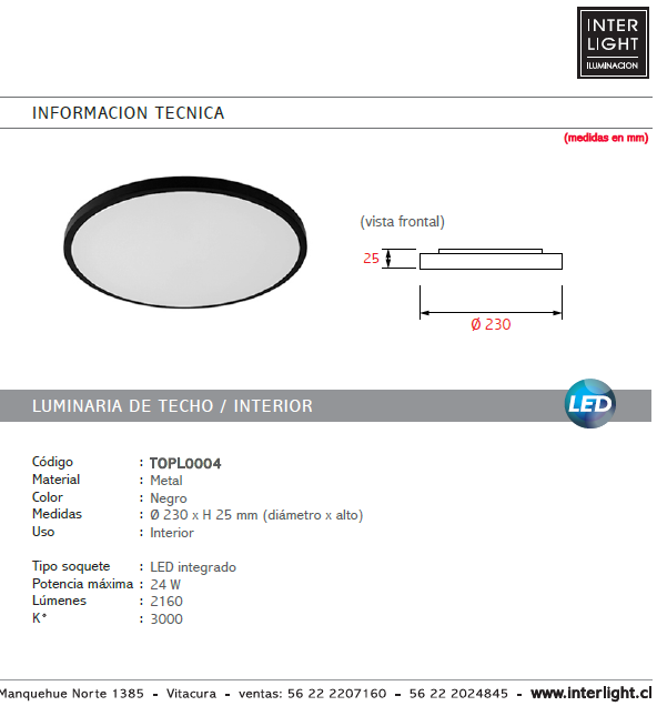 Plafón metal negro Ø 23 cm LED 24W - TOPL0004