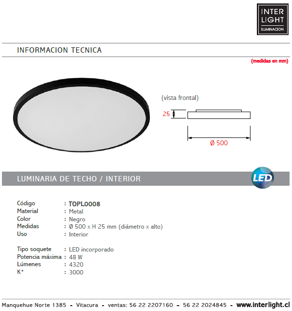 Plafón metal negro Ø 50 cm LED 48W - TOPL0008