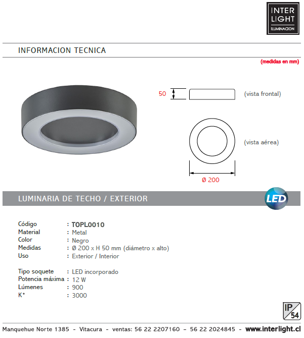 Plafón interior/exterior metal negro Ø 20 cm LED 12W - TOPL0010