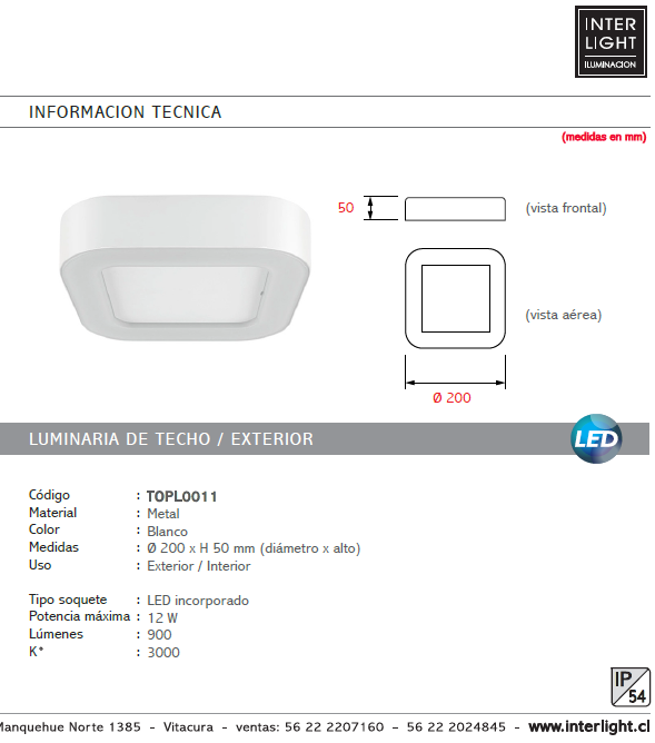 Plafón interior/exterior metal blanco 20x20 cm LED 12W - TOPL0011
