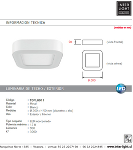 Plafón interior/exterior metal blanco 20x20 cm LED 12W - TOPL0011