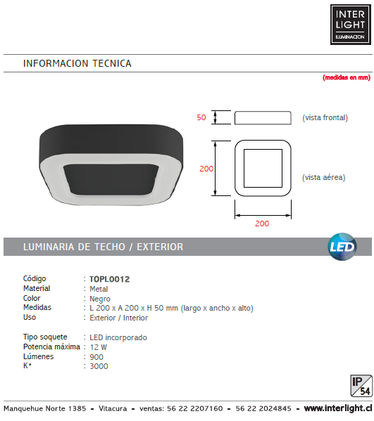 Plafón interior/exterior metal negro 20x20 cm LED 12W - TOPL0012
