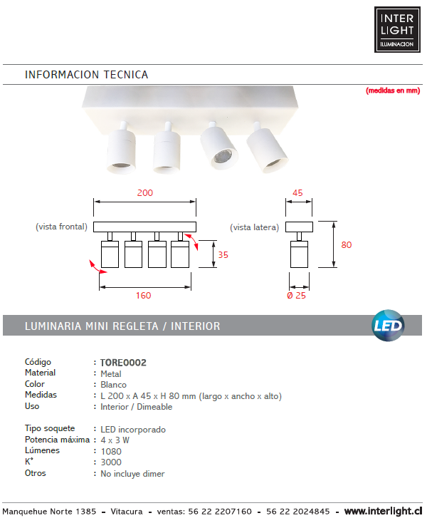 Foco metal dimeable blanco 20x8 cm 4 luces LED 3W - TORE0002