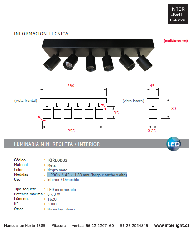 Foco metal dimeable negro mate 29x8 cm 6  luces LED 3W - TORE0003