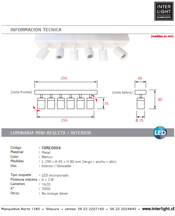Foco metal dimeable blanco 29x8 cm 6  luces LED 3W - TORE0004