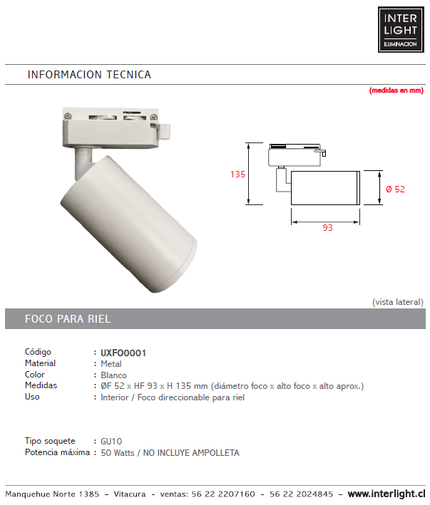 Foco riel metal blanco Ø 5,2x13,5 cm GU10 - UXFO0001