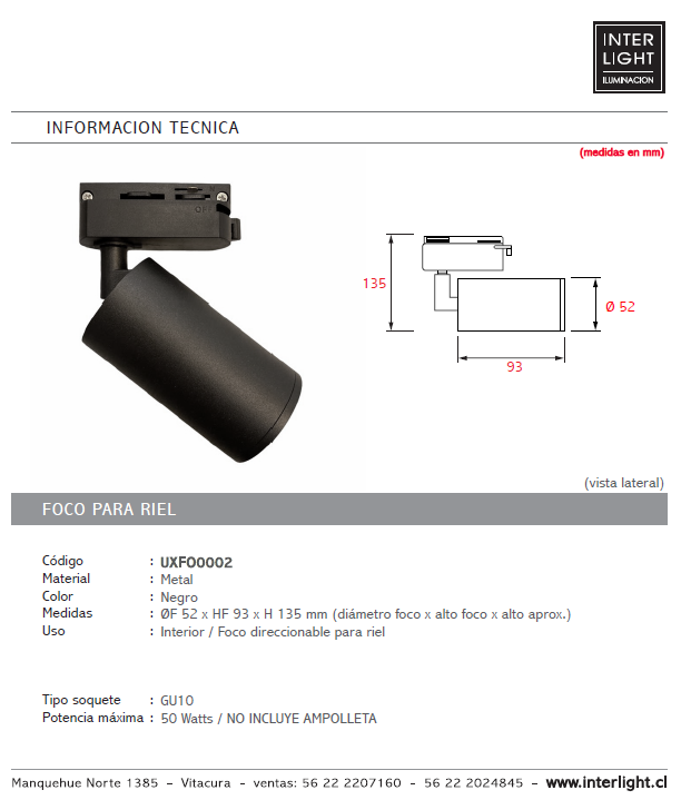 Foco riel metal negro Ø 5,2x13,5 cm GU10 - UXFO0002