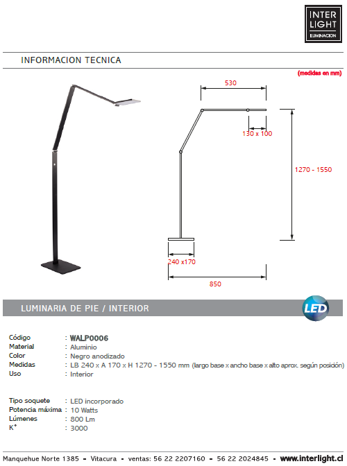 Lámpara de pie aluminio negro anodizado 24x1,55 cm LED 10W - WALP0006