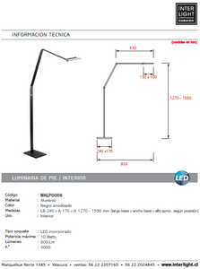 Lámpara de pie aluminio negro anodizado 24x1,55 cm LED 10W - WALP0006