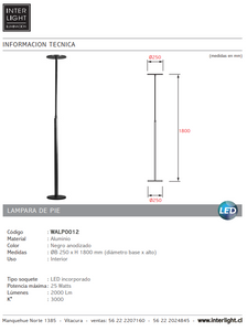 Lámpara de pie aluminio negro anodizado Ø 25x1,80 cm LED 25W - WALP0012