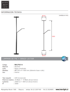 Lámpara de pie aluminio brazo lector negro anodizado Ø 25x1,80 cm LED 25W - 10W - WALP0014