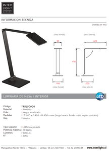 Lámpara sobremesa aluminio negro anodizado 20x45 cm LED 10W - WALS0008