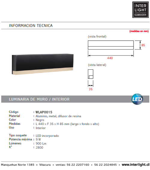 Apliqué aluminio negro 44x8,5 cm LED 9W - WLAP0015
