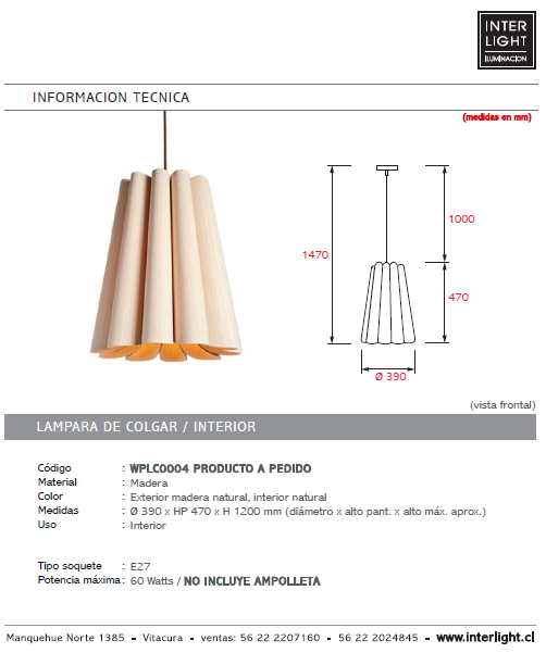 Lámpara colgante madera natural Ø 39 cm E27 - A pedido - WPLC0004