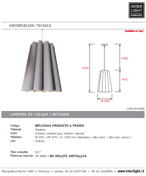 Lámpara colgante madera gris Ø 39 cm E27 - A pedido - WPLC0032
