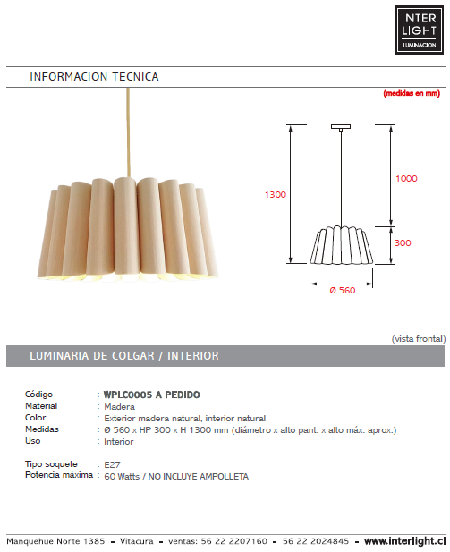 Lámpara colgante madera natural Ø 56 cm E27 - A pedido - WPLC0005