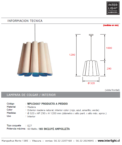 Lámpara colgante madera natural Ø 32 cm E27 - A pedido - WPLC0007