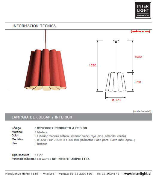 Lámpara colgante madera rojo Ø 32 cm E27 - A pedido - WPLC0007