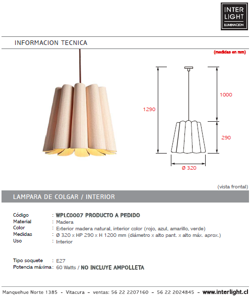 Lámpara colgante madera natural Ø 32 cm E27 - A pedido - WPLC0007