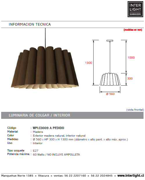Lámpara colgante madera café Ø 56 cm E27 - A pedido - WPLC0009