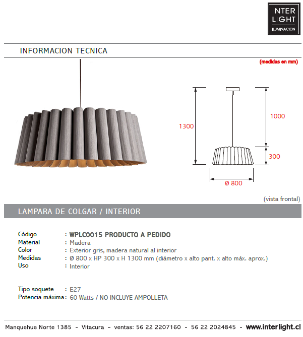 Lámpara colgante madera gris Ø 80 cm E27 - A pedido - WPLC0015