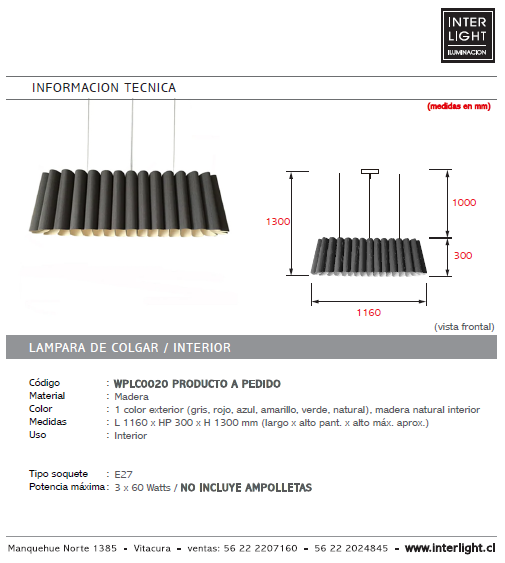 Lámpara colgante madera gris 1,160 cm E27 - A pedido - WPLC0020