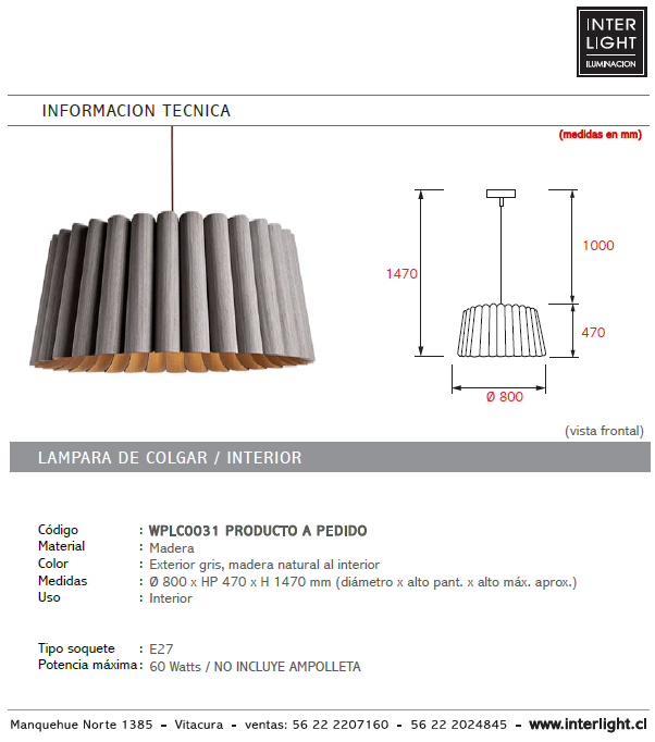 Lámpara colgante madera gris Ø 80 cm E27 - A pedido - WPLC0031