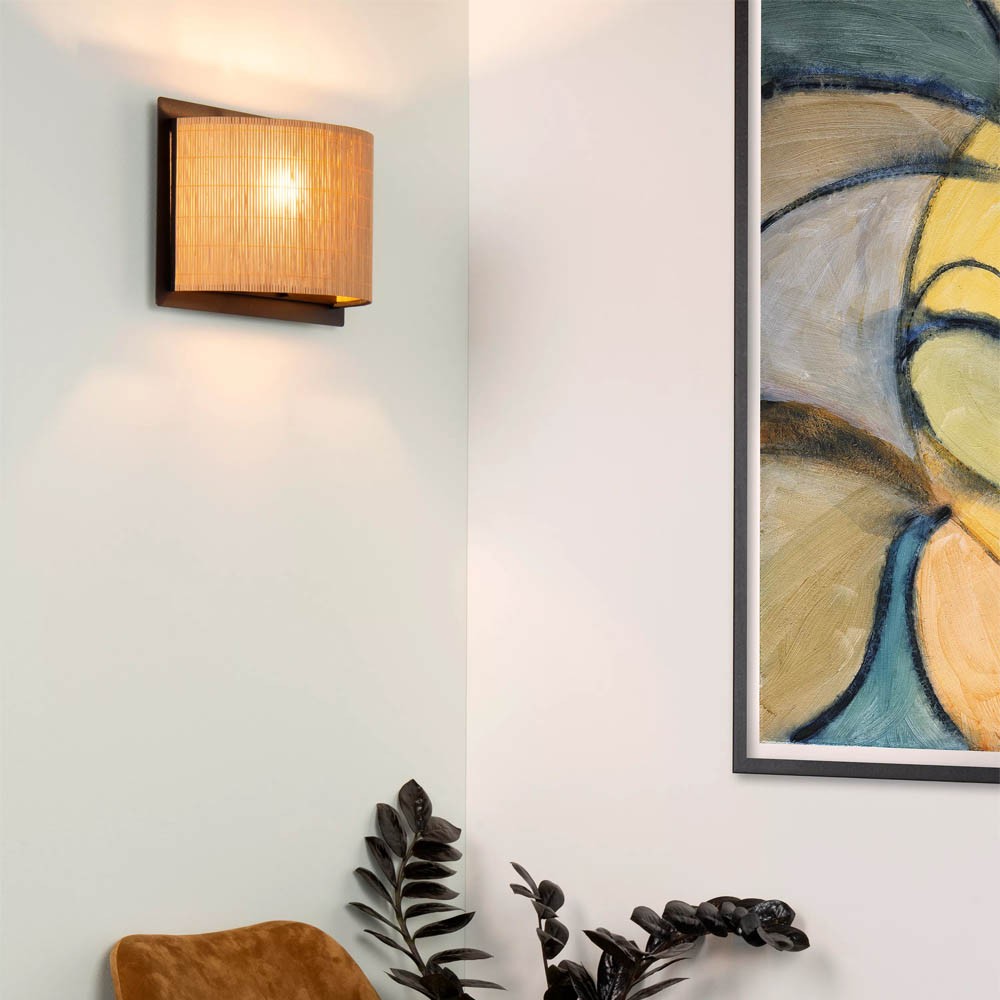 Apliqué ratan metal negro madera café 29x15x22 cm E27 - LUAP0064