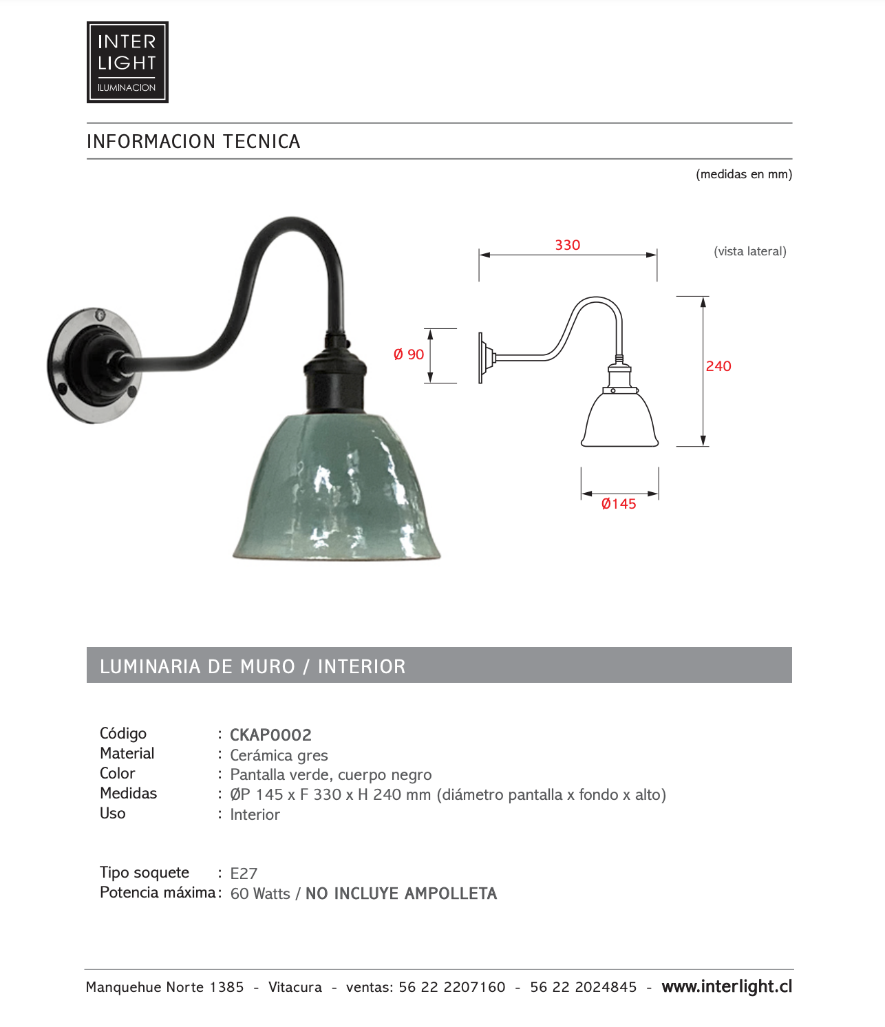 Apliqué  cerámica gres verde E27 - A pedido - CKAP0002