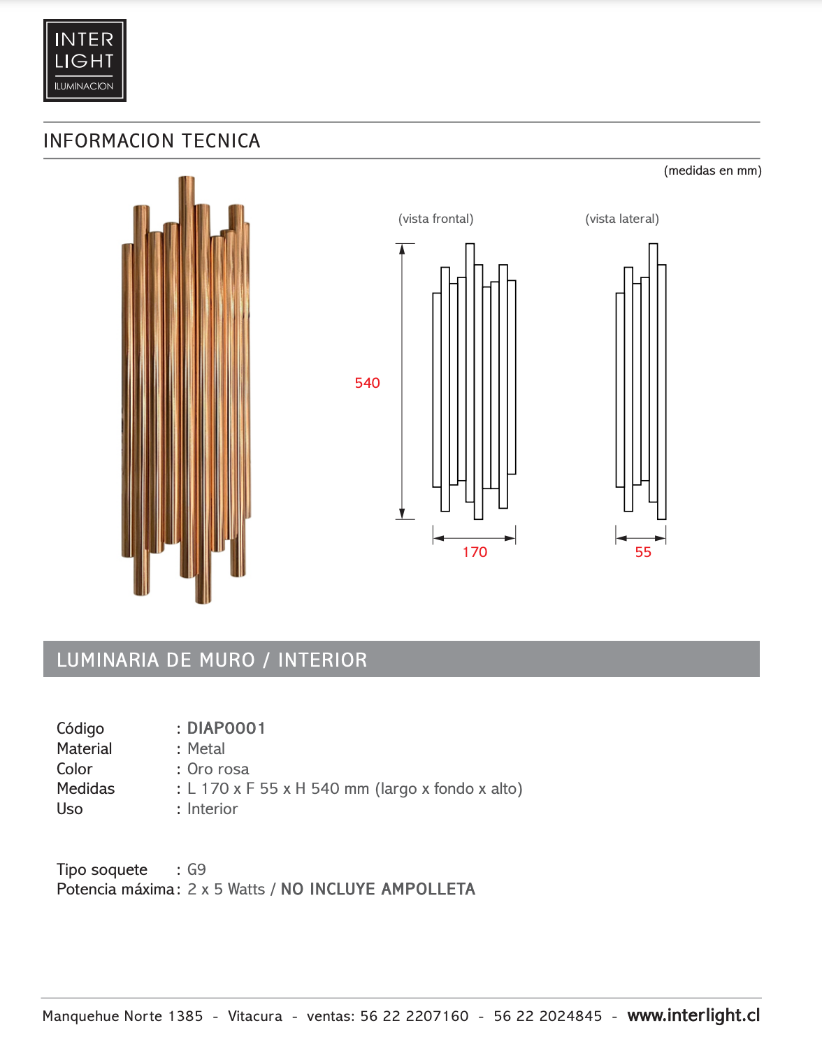 Apliqué cobre luz indirecta 2 luces G9 - DIAP0001