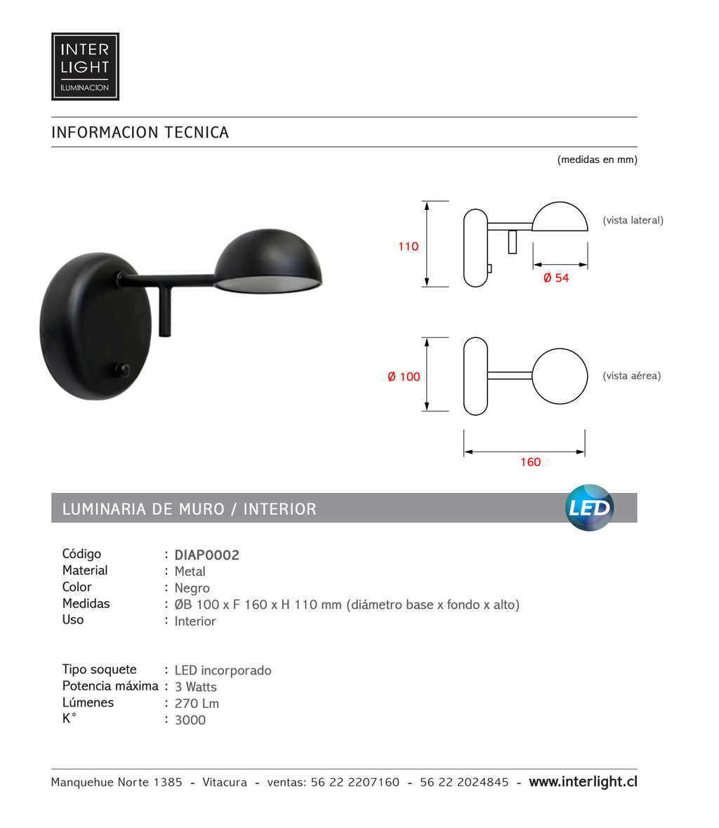 Apliqué  negro muro LED 3W - DIAP0002
