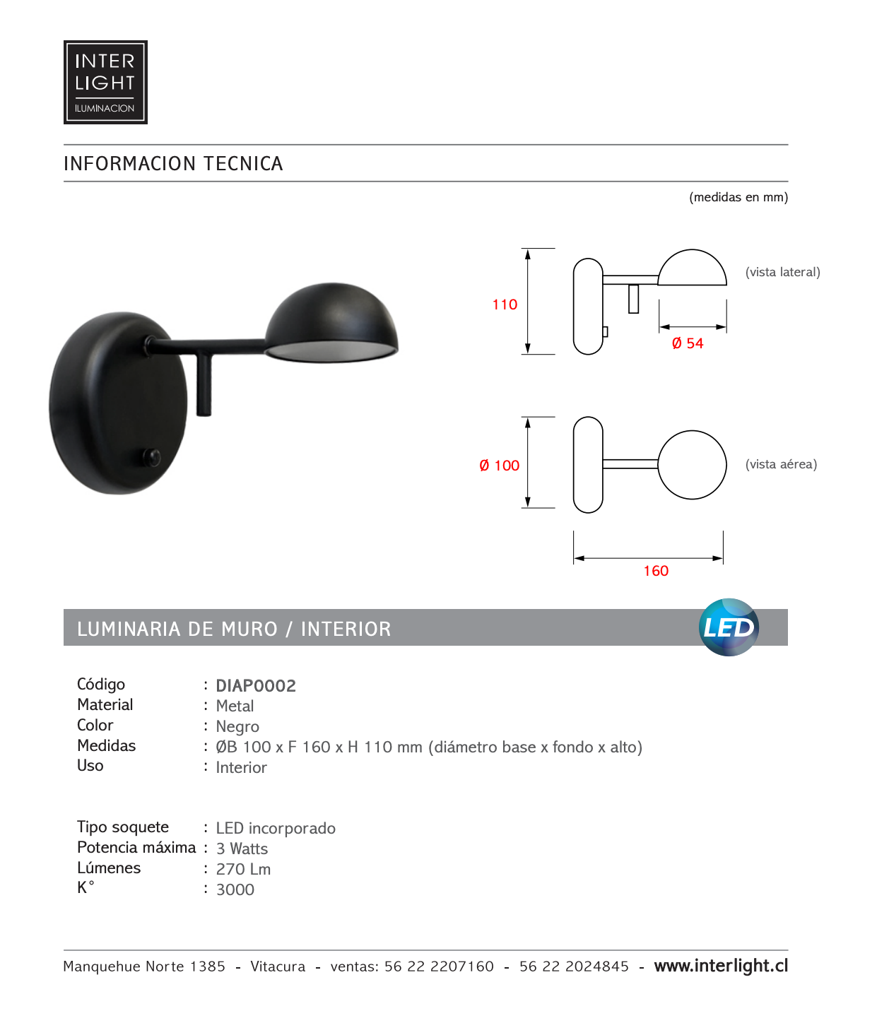 Apliqué  negro muro LED 3W - DIAP0002