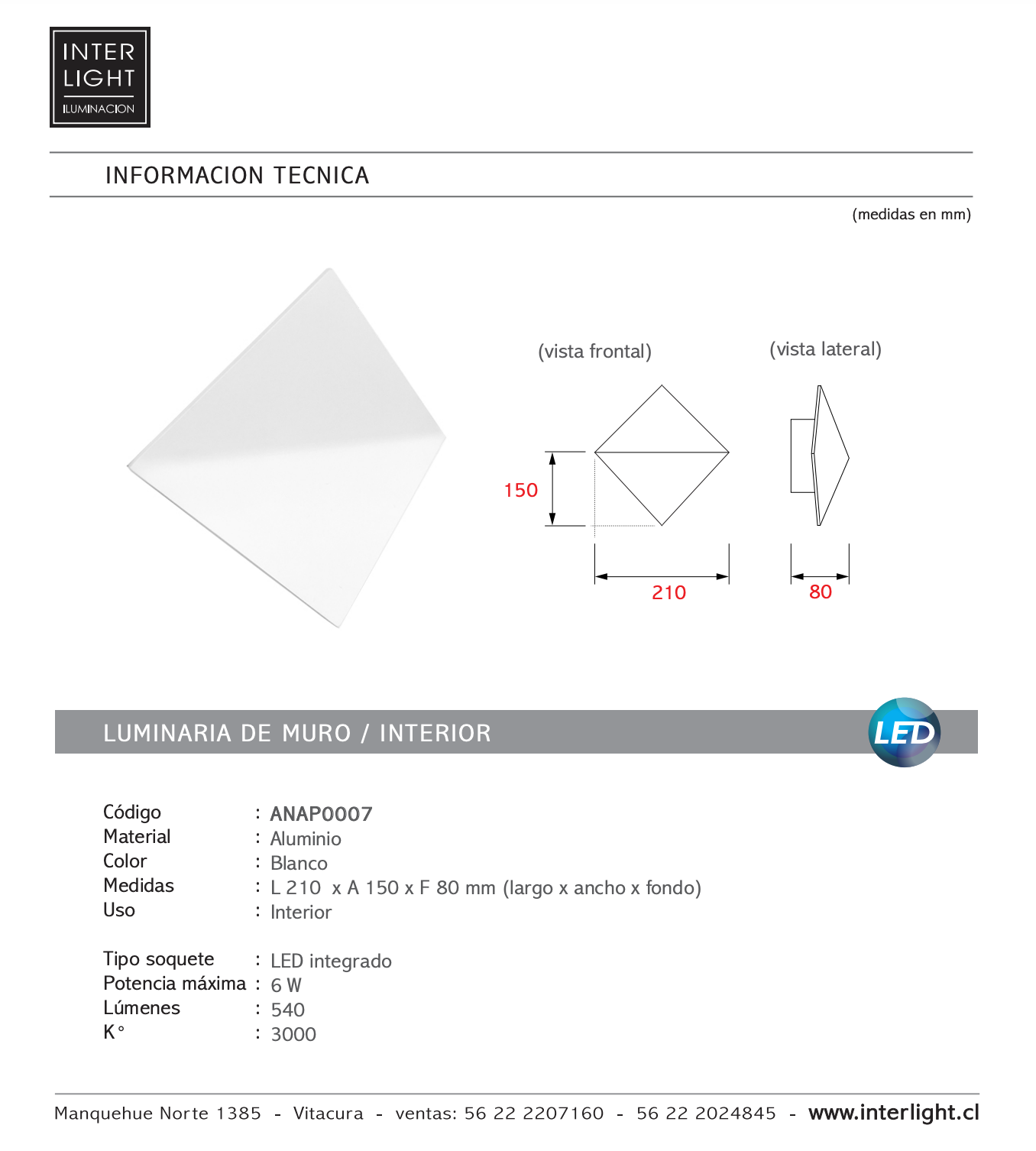 Apliqué  blanco luz indirecta LED 7W - ANAP0007