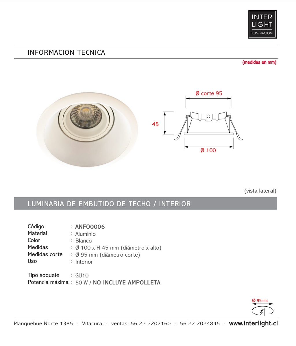 Foco embutido retraído blanco GU10 - ANFO0006
